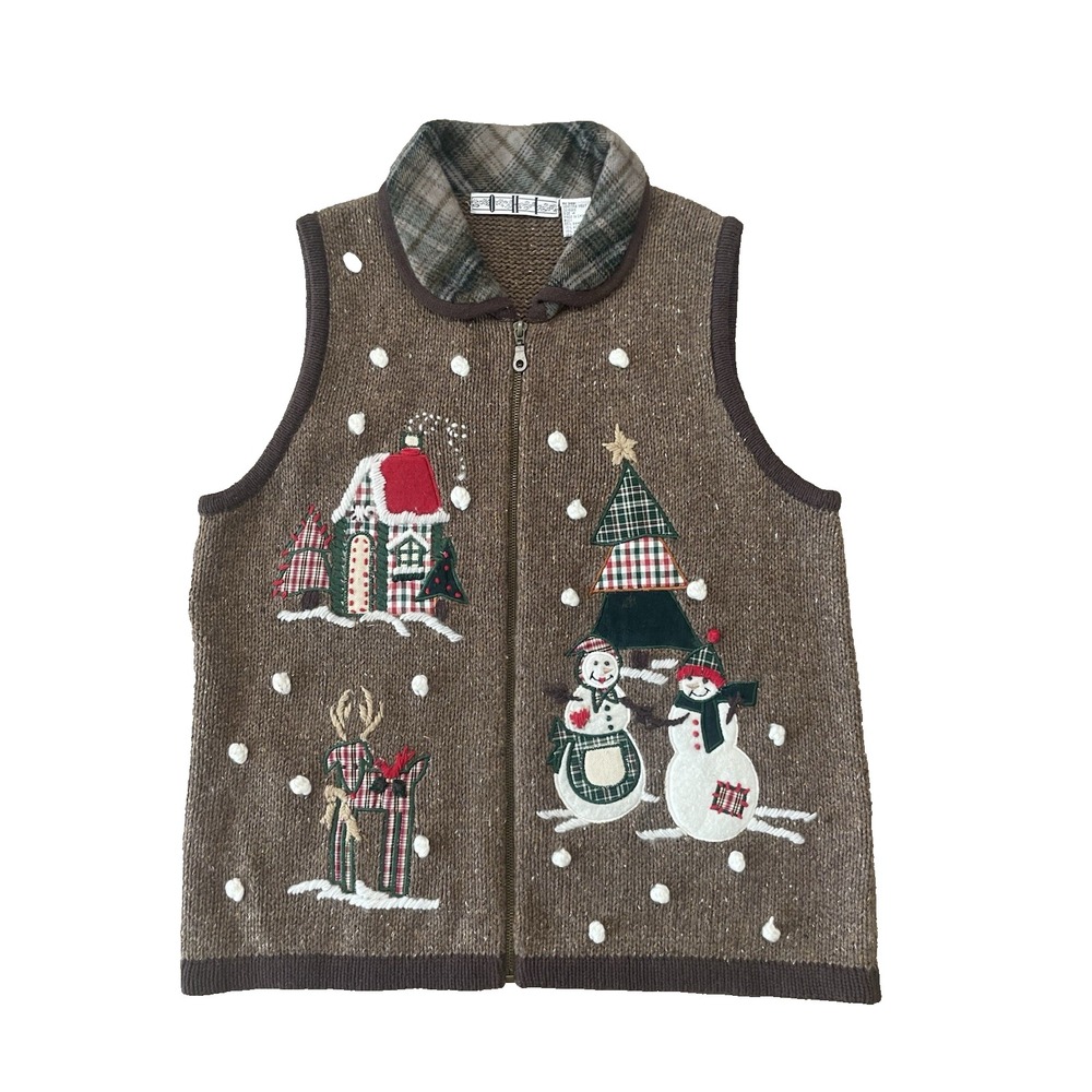 Vintage Y2K Holiday Snowman Deer Sweater Vest Womens M Ugly Christmas Novelty